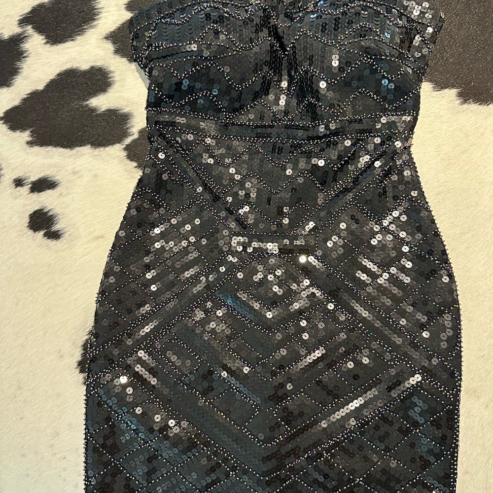 bebe Black Strapless Sequin Dress
